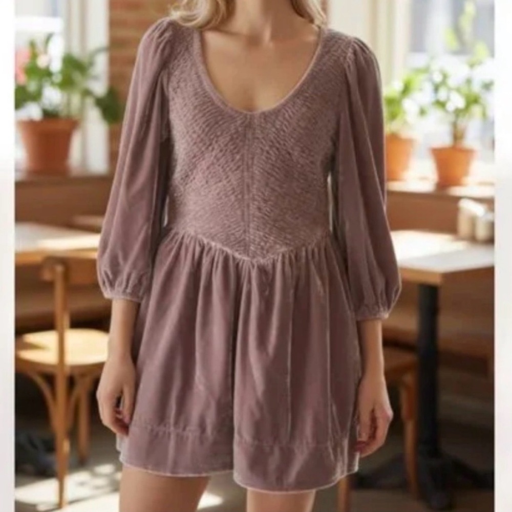 Free People Farrier Velvet Mini Dress Balloon sleeves Smocked mauve pink NWOT